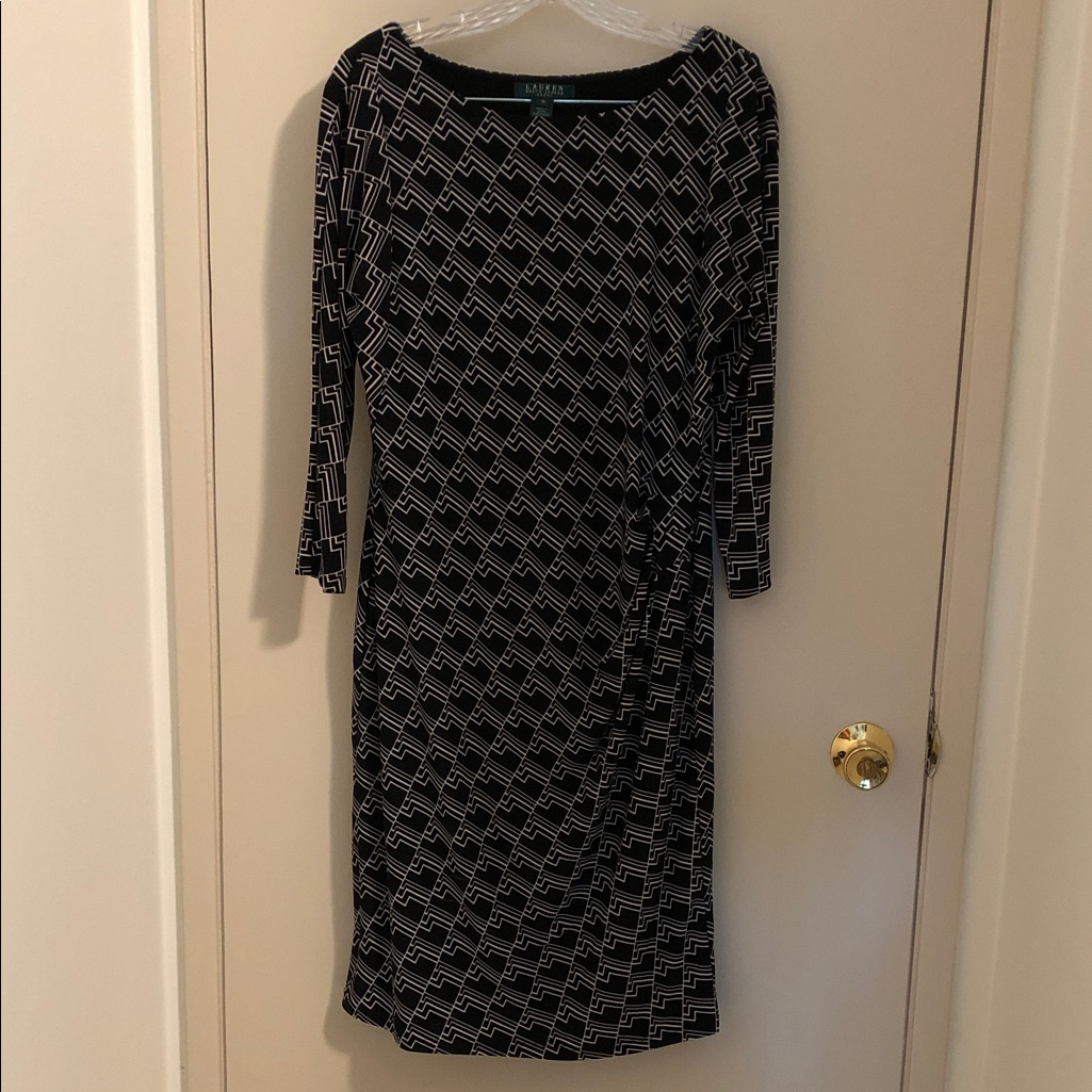 Ralph Lauren Black Dress With White Geometric Print - Stretchy Long Sleeve